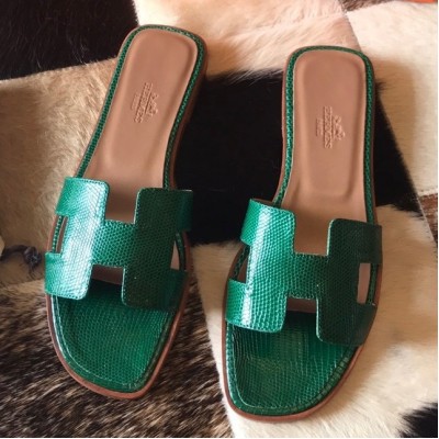 Hermes Oran Slide Sandals In Green Lizard Leather TDSS13335