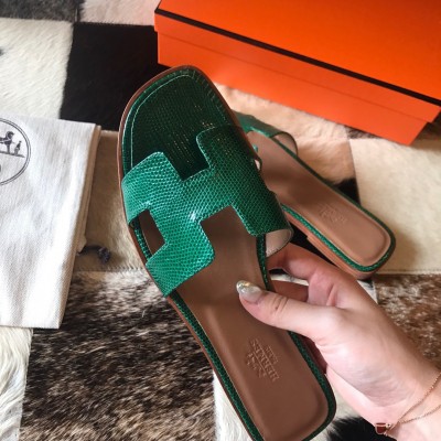 Hermes Oran Slide Sandals In Green Lizard Leather TDSS13335