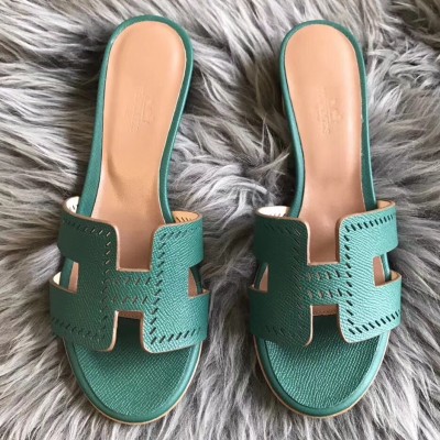 Hermes Oran Slide Sandals In Malachite Epsom Perforated Calfskin TDSS13344