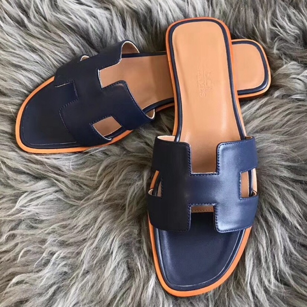 Hermes Oran Slide Sandals In Navy Blue Swift Calfskin TDSS13345