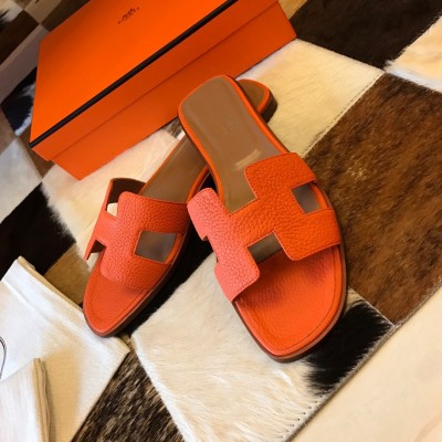 Hermes Oran Slide Sandals In Orange Clemence Leather TDSS13347