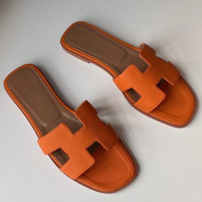 Hermes Oran Slide Sandals In Orange Epsom Calfskin TDSS13348