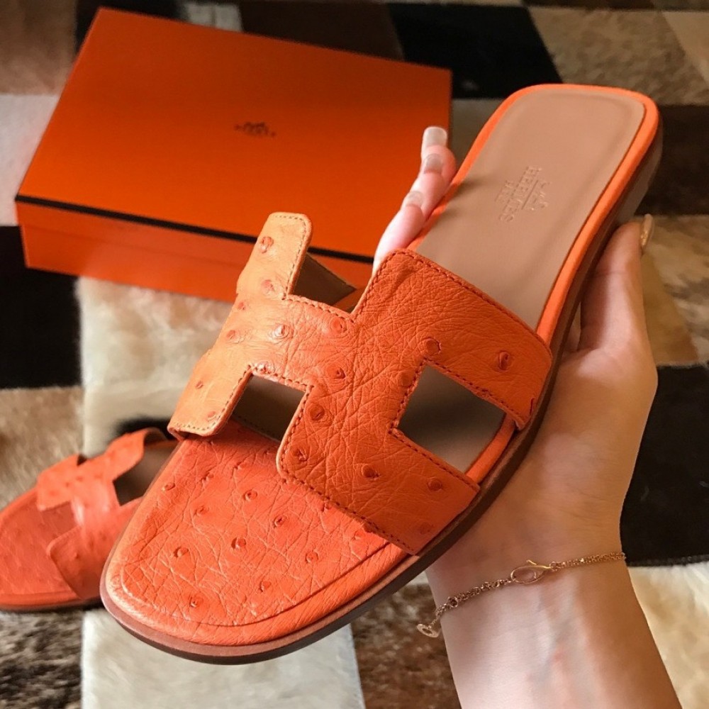 Hermes Oran Slide Sandals In Orange Ostrich Leather TDSS13349