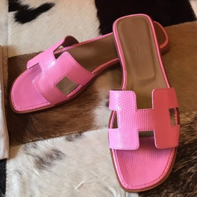 Hermes Oran Slide Sandals In Pink Lizard Leather TDSS13354