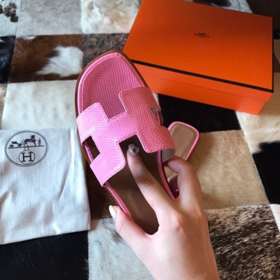 Hermes Oran Slide Sandals In Pink Lizard Leather TDSS13354