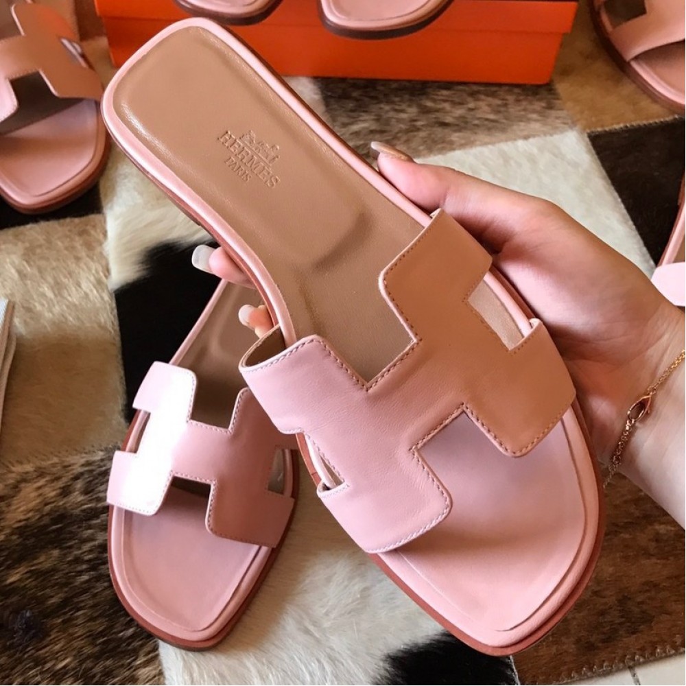 Hermes Oran Slide Sandals In Pink Swift Calfskin TDSS13356