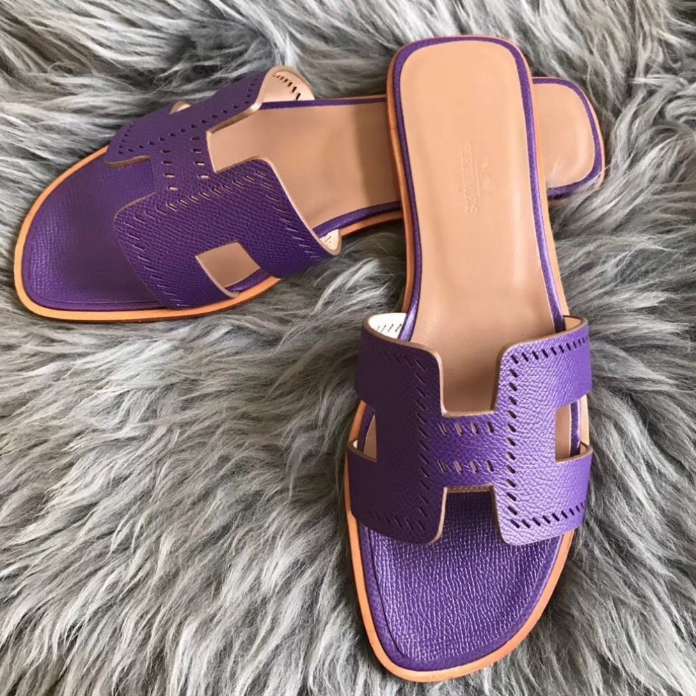 Hermes Oran Slide Sandals In Purple Epsom Perforated Calfskin TDSS13357