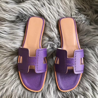 Hermes Oran Slide Sandals In Purple Epsom Perforated Calfskin TDSS13357