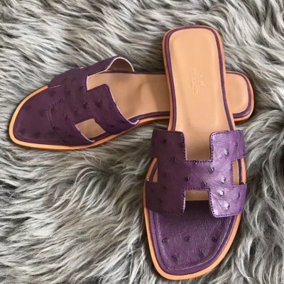 Hermes Oran Slide Sandals In Purple Ostrich Leather TDSS13358