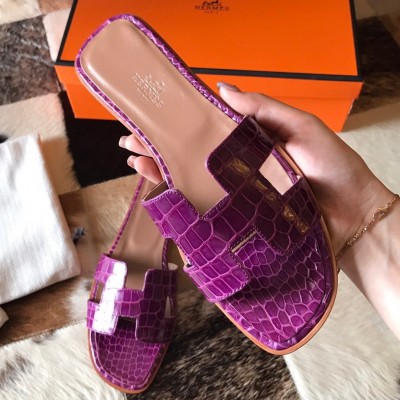 Hermes Oran Slide Sandals In Purple Shiny Niloticus Crocodile Skin TDSS13359