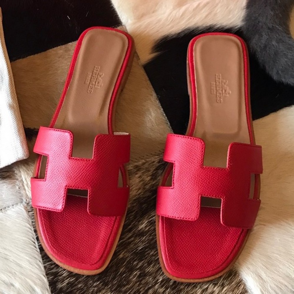 Hermes Oran Slide Sandals In Red Epsom Calfskin TDSS13361