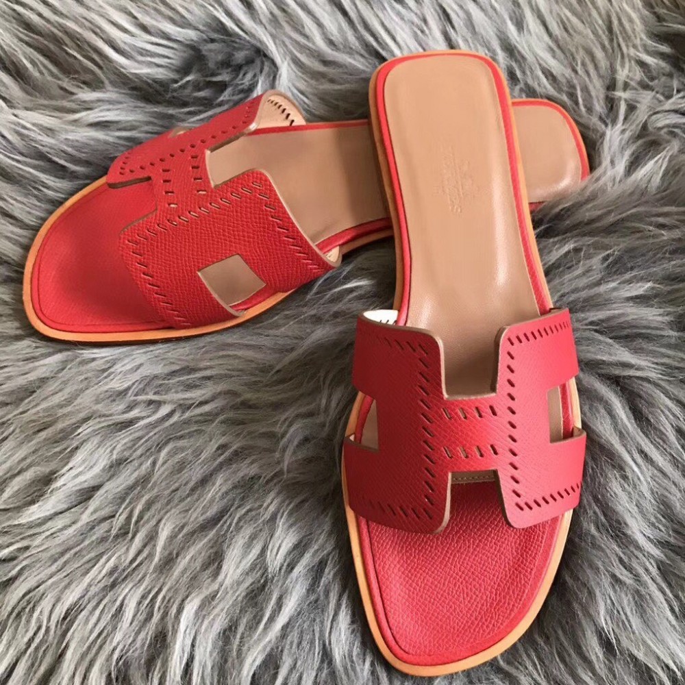 Hermes Oran Slide Sandals In Red Epsom Perforated Calfskin TDSS13362