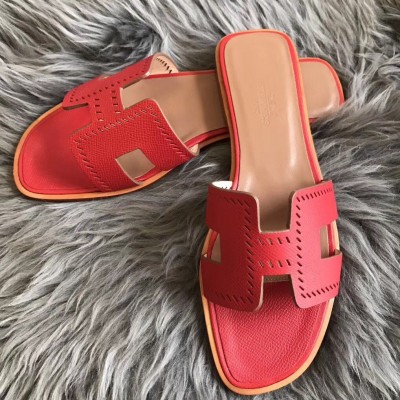 Hermes Oran Slide Sandals In Red Epsom Perforated Calfskin TDSS13362