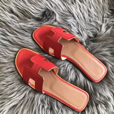 Hermes Oran Slide Sandals In Red Epsom Perforated Calfskin TDSS13362