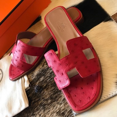 Hermes Oran Slide Sandals In Red Ostrich Leather TDSS13364