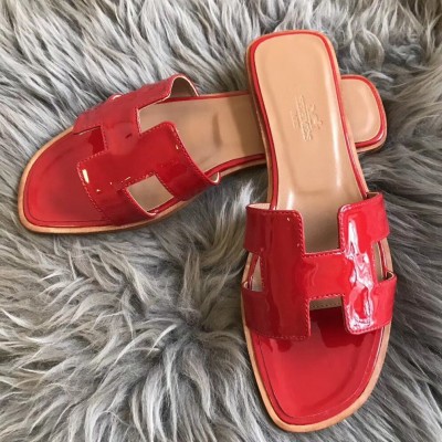 Hermes Oran Slide Sandals In Red Patent Calfskin TDSS13365