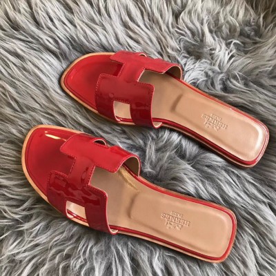 Hermes Oran Slide Sandals In Red Patent Calfskin TDSS13365