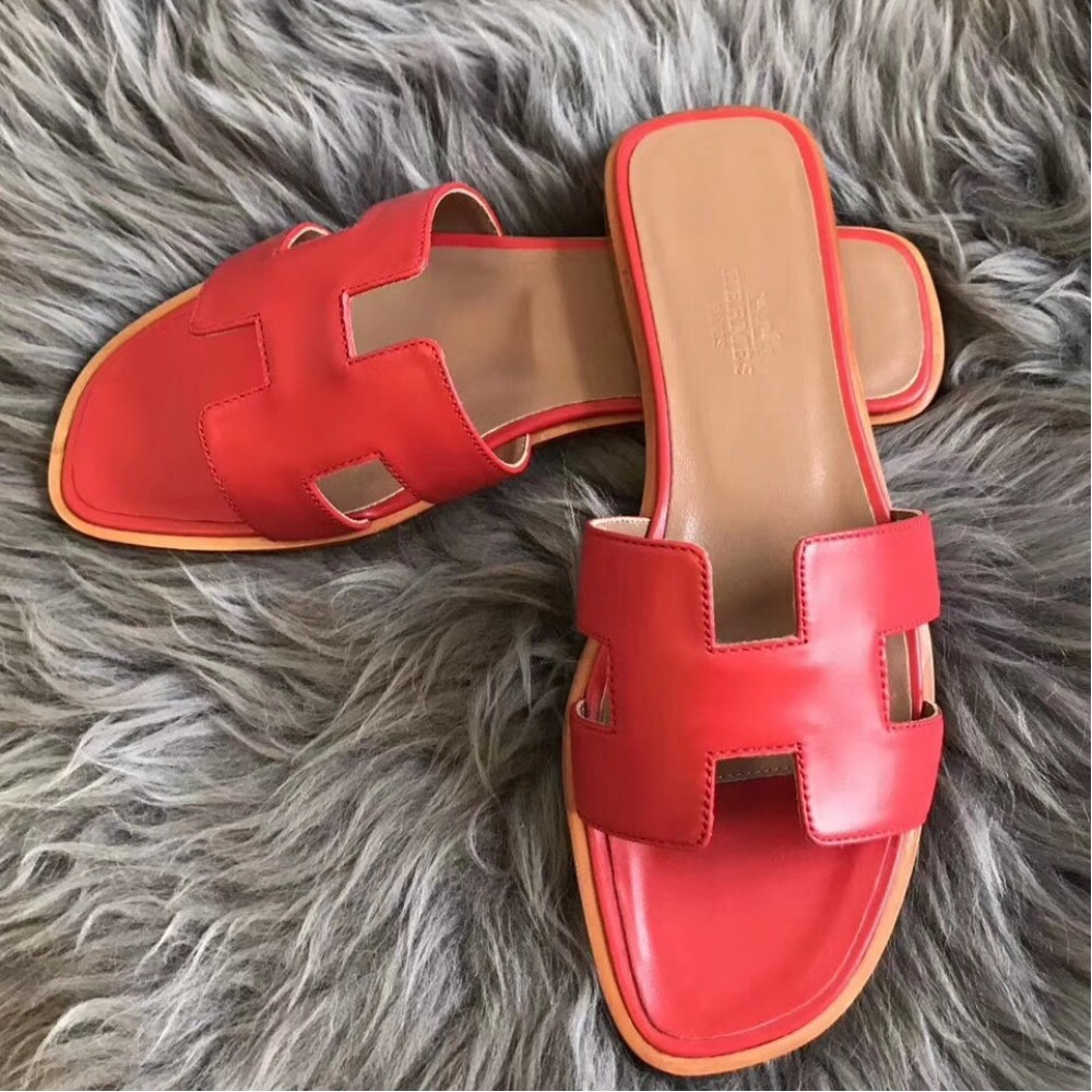 Hermes Oran Slide Sandals In Red Swift Calfskin TDSS13367