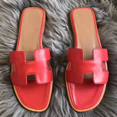 Hermes Oran Slide Sandals In Red Swift Calfskin TDSS13367