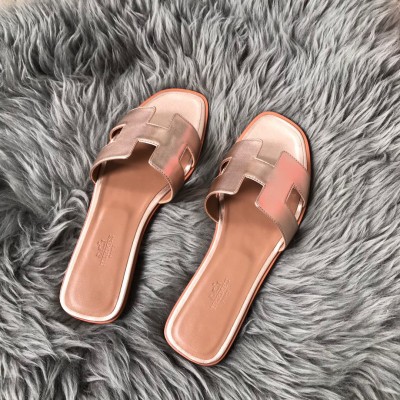 Hermes Oran Slide Sandals In Rose Gold Swift Calfskin TDSS13368