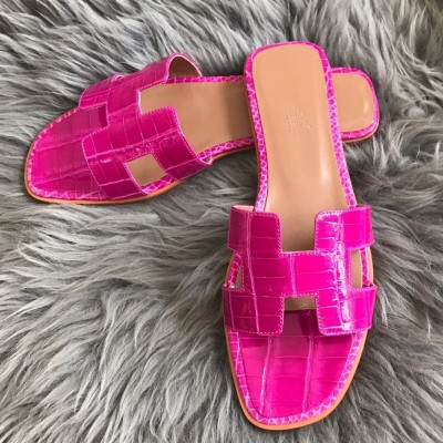 Hermes Oran Slide Sandals In Rose Red Shiny Niloticus Crocodile Skin TDSS13369