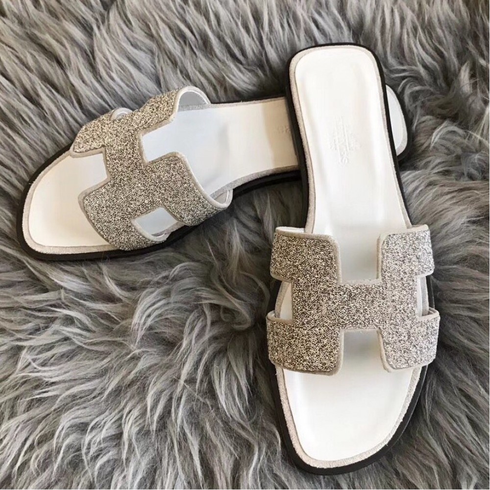 Hermes Oran Slide Sandals In White Suede With Crystal TDSS13384