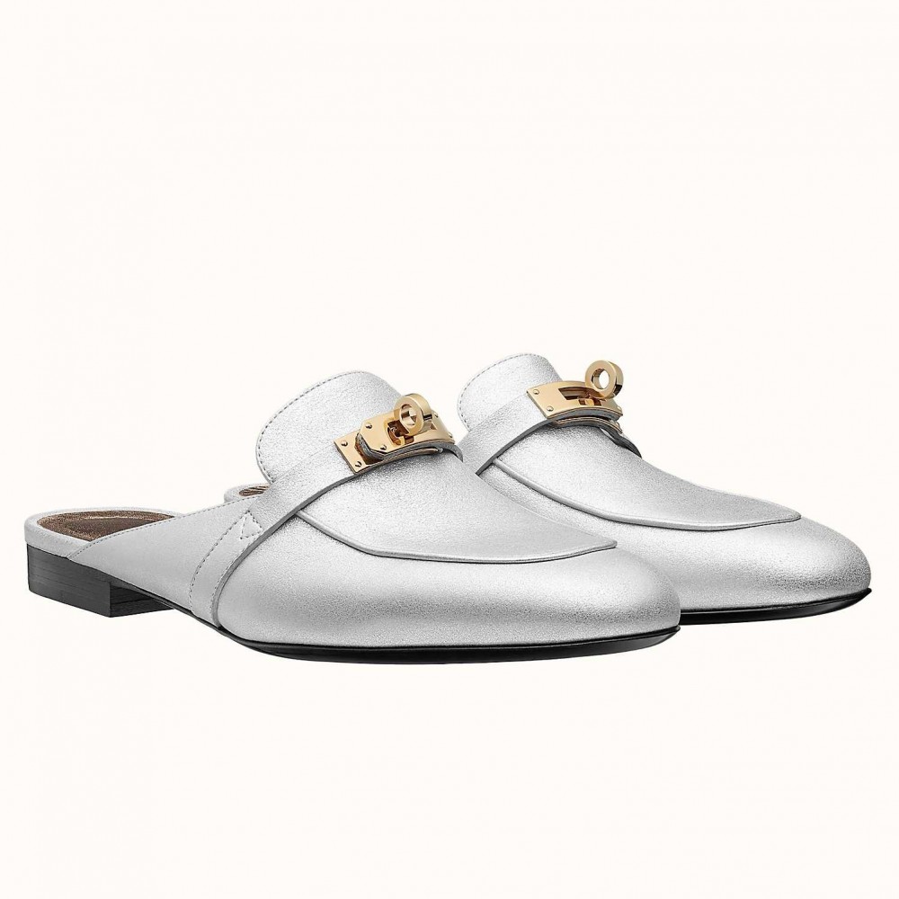 Hermes Oz Mules In Silver Metallic Calfskin TDSS13395