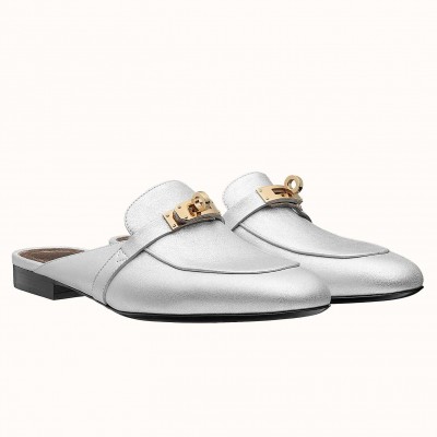 Hermes Oz Mules In Silver Metallic Calfskin TDSS13395