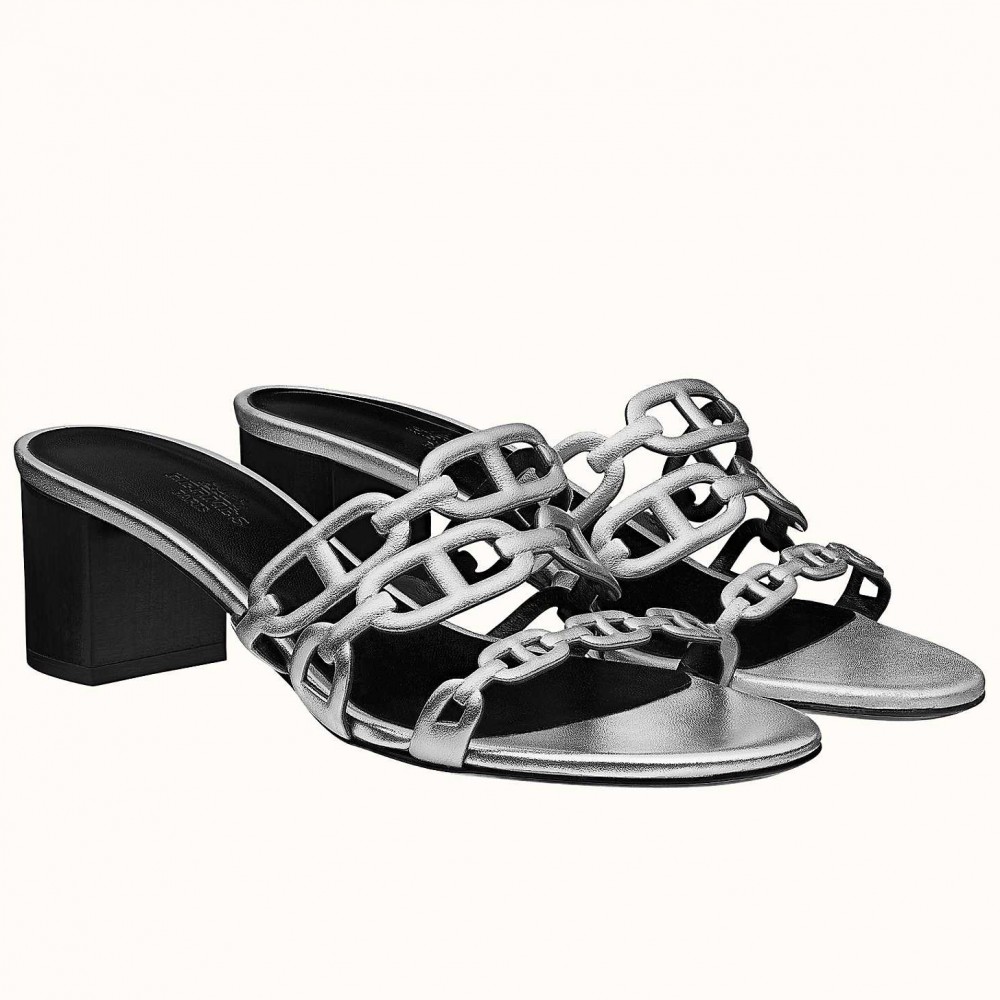 Hermes Tandem 50mm Sandals In Silver Metallic Calfskin TDSS13405