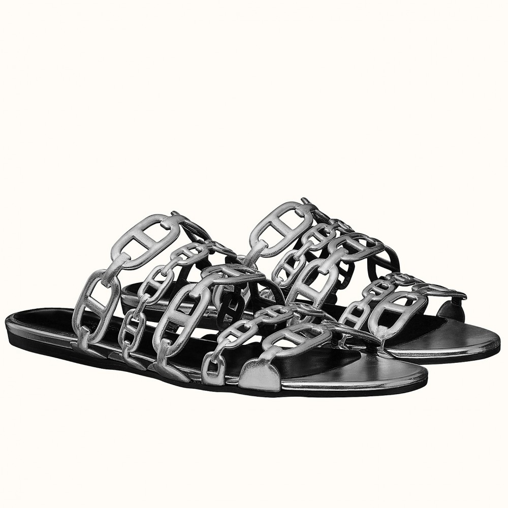 Hermes Thalassa Slide Sandals In Silver Lambskin TDSS13408