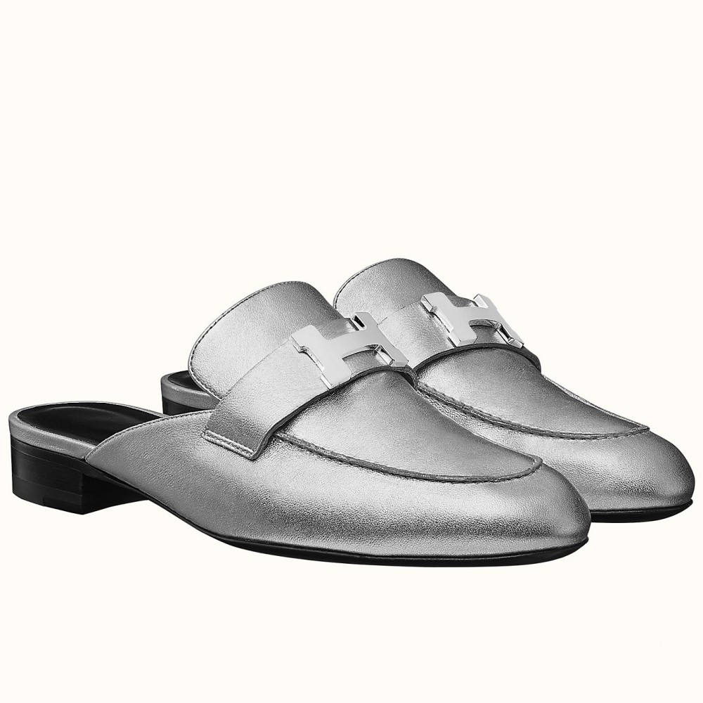 Hermes Trocadero Mules In Silver Nappa Leather TDSS13412