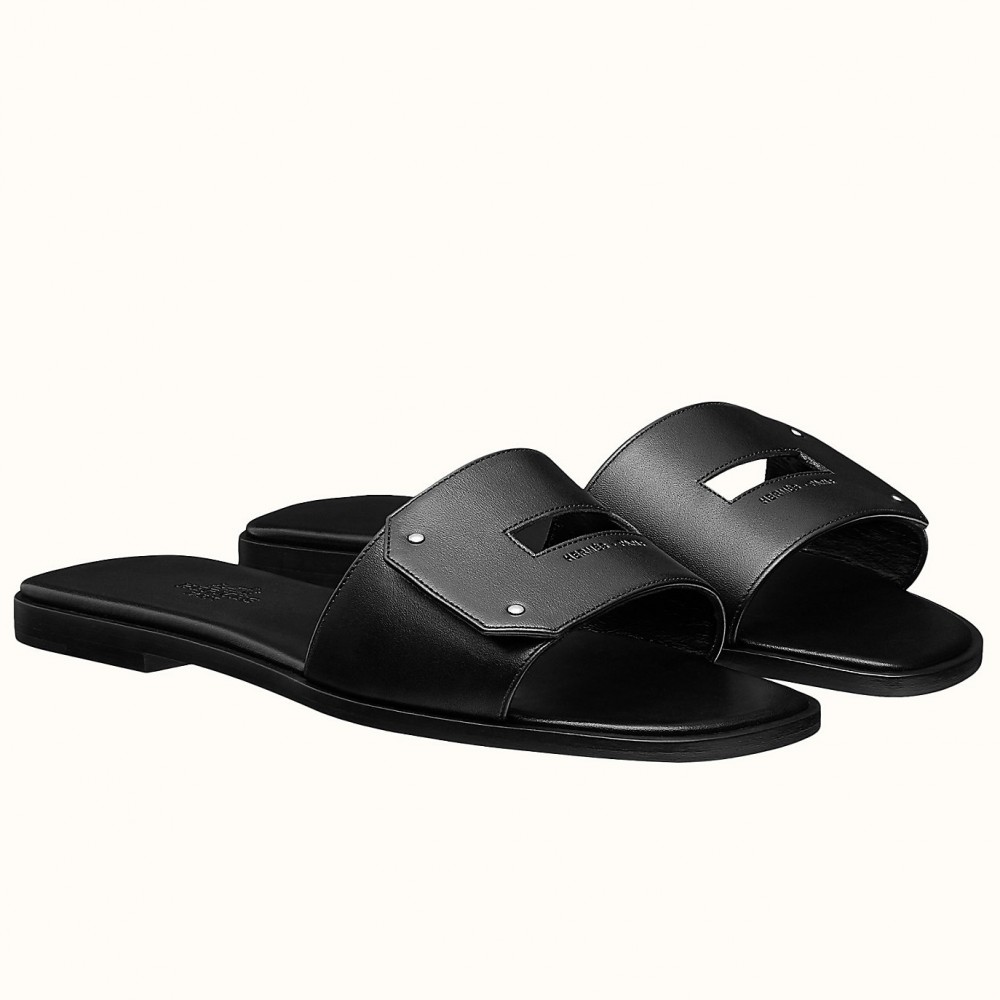 Hermes View Slide Sandals In Black Leather TDSS13419