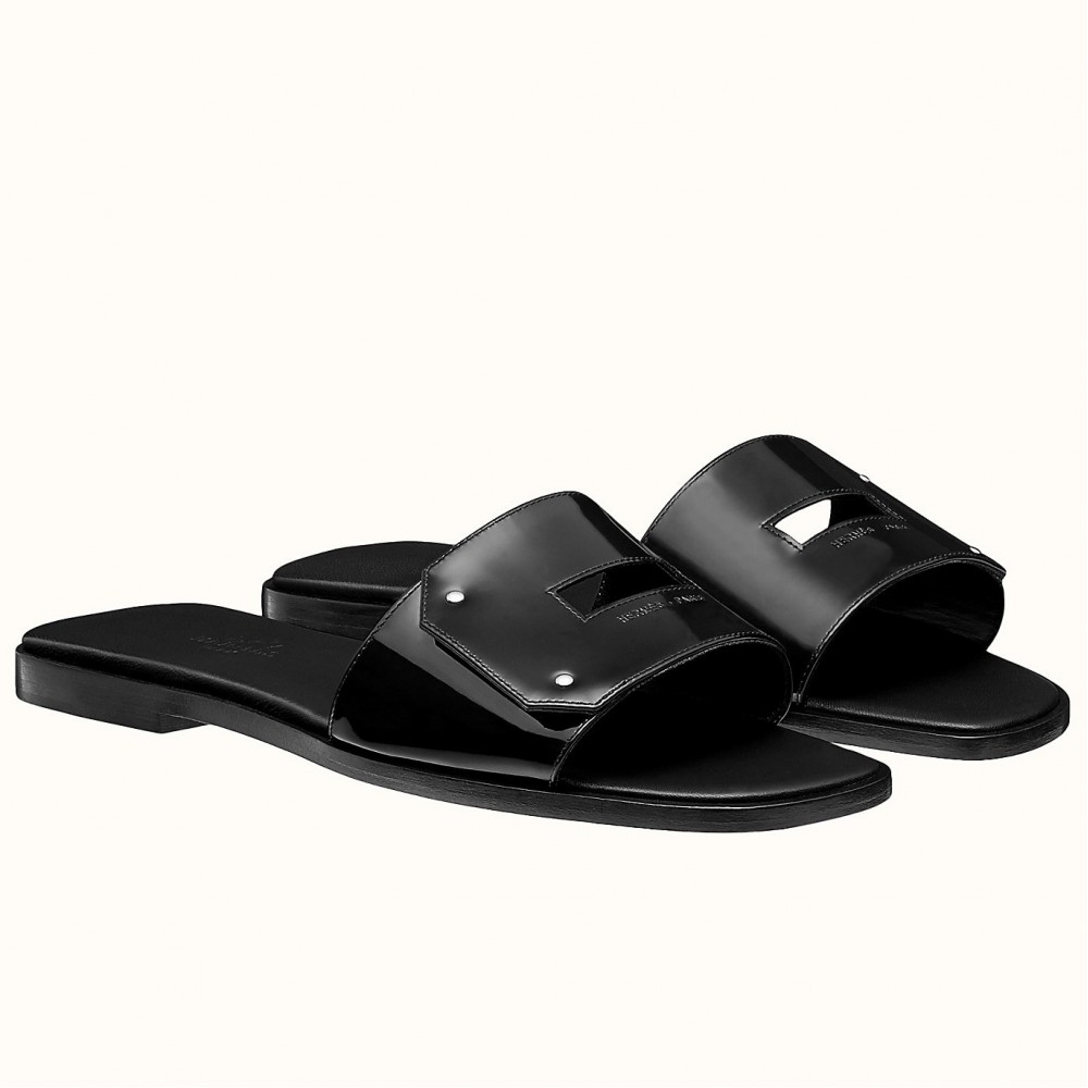 Hermes View Slide Sandals In Black Patent Calfskin TDSS13420