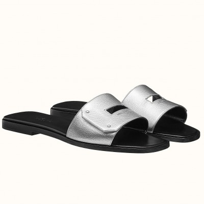 Hermes View Slide Sandals In Silver Epsom Calfskin TDSS13422