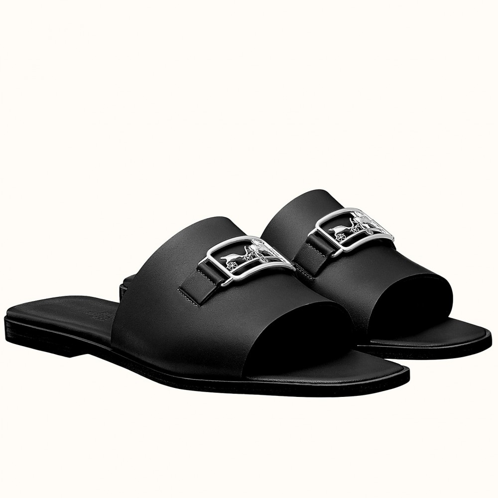 Hermes Villa Slide Sandals In Black Leather TDSS13423