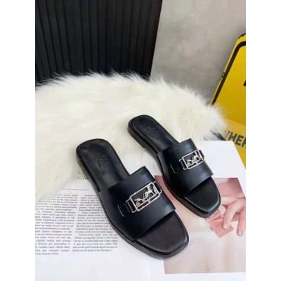 Hermes Villa Slide Sandals In Black Leather TDSS13423