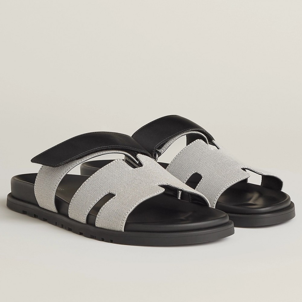 Hermes Chypre Sandals In Canvas with Black Leather TDSS13437