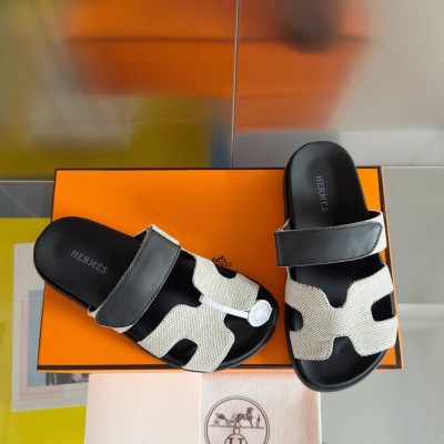 Hermes Chypre Sandals In Canvas with Black Leather TDSS13437