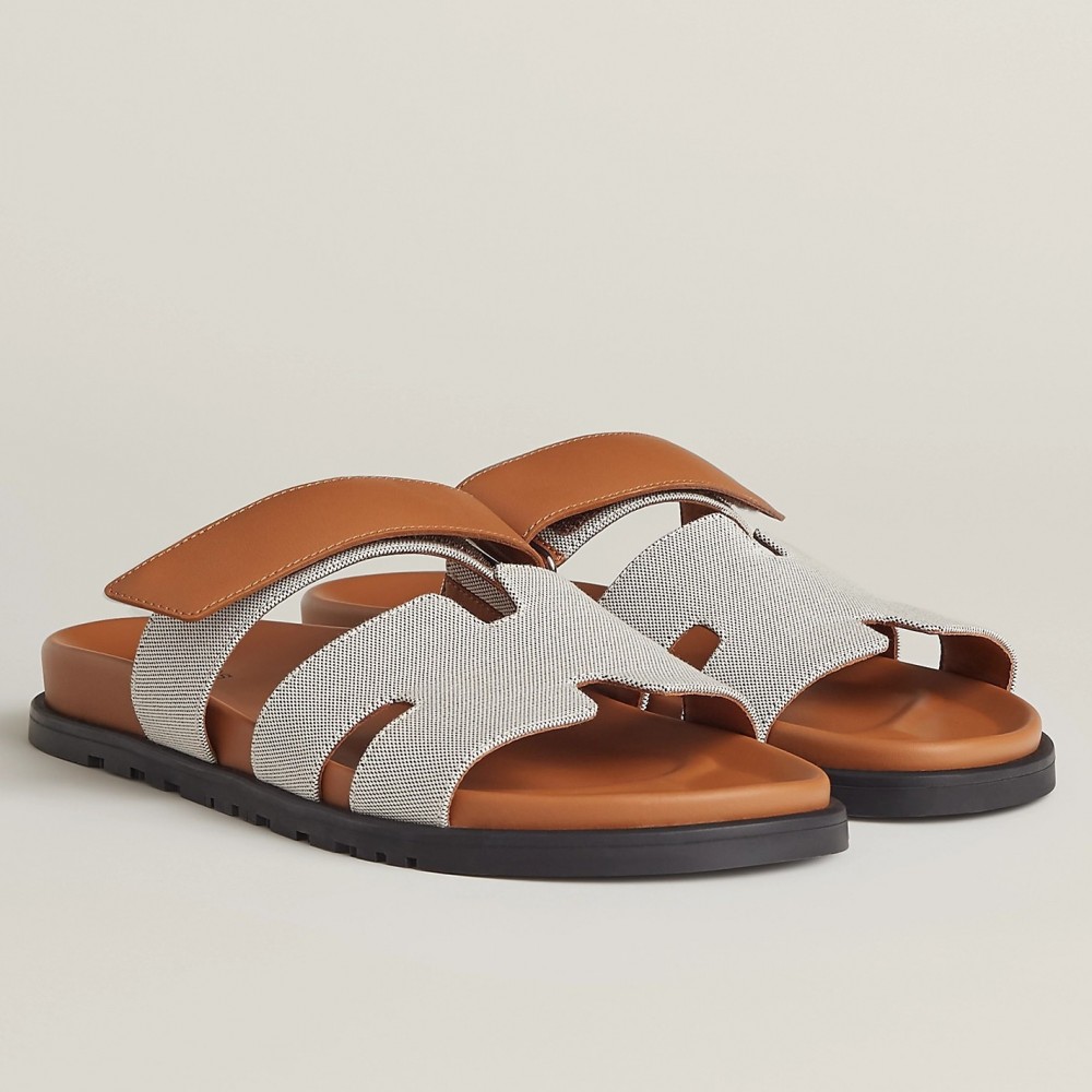 Hermes Chypre Sandals In Canvas with Brown Leather TDSS13438