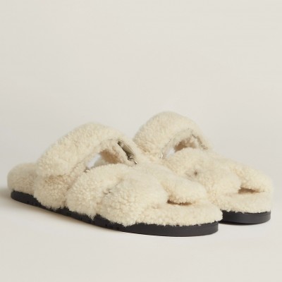 Hermes Chypre Sandals In Off White Shearling TDSS13439