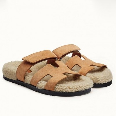 Hermes Chypre Sandals in Beige Suede with Shearling TDSS13429