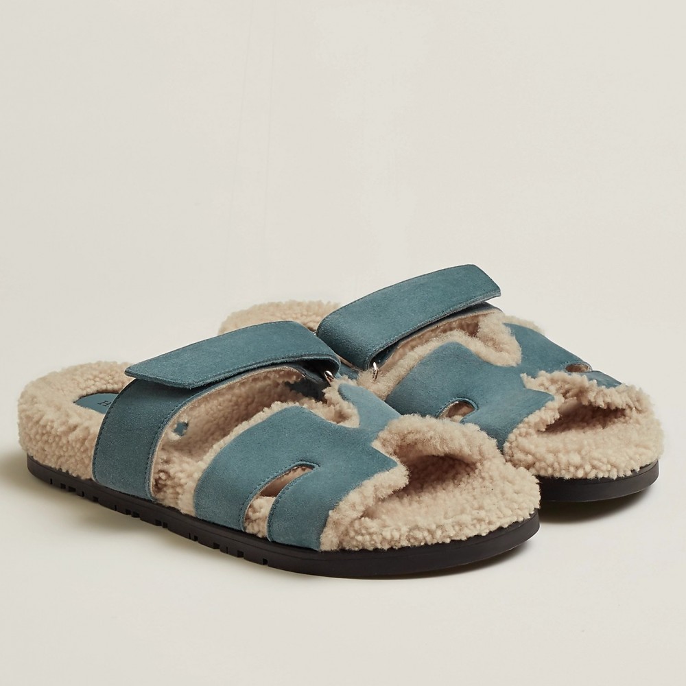 Hermes Chypre Sandals in Blue Suede with Shearling TDSS13434