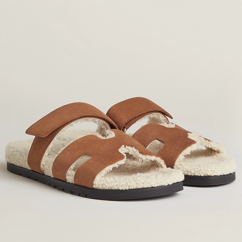 Hermes Chypre Sandals in Tan Suede with Shearling TDSS13442