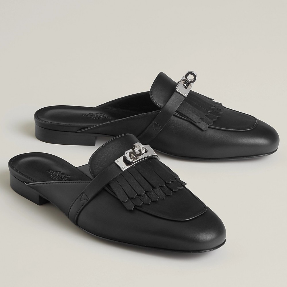 Hermes Oz Mules with Fringed in Black Leather TDSS13474