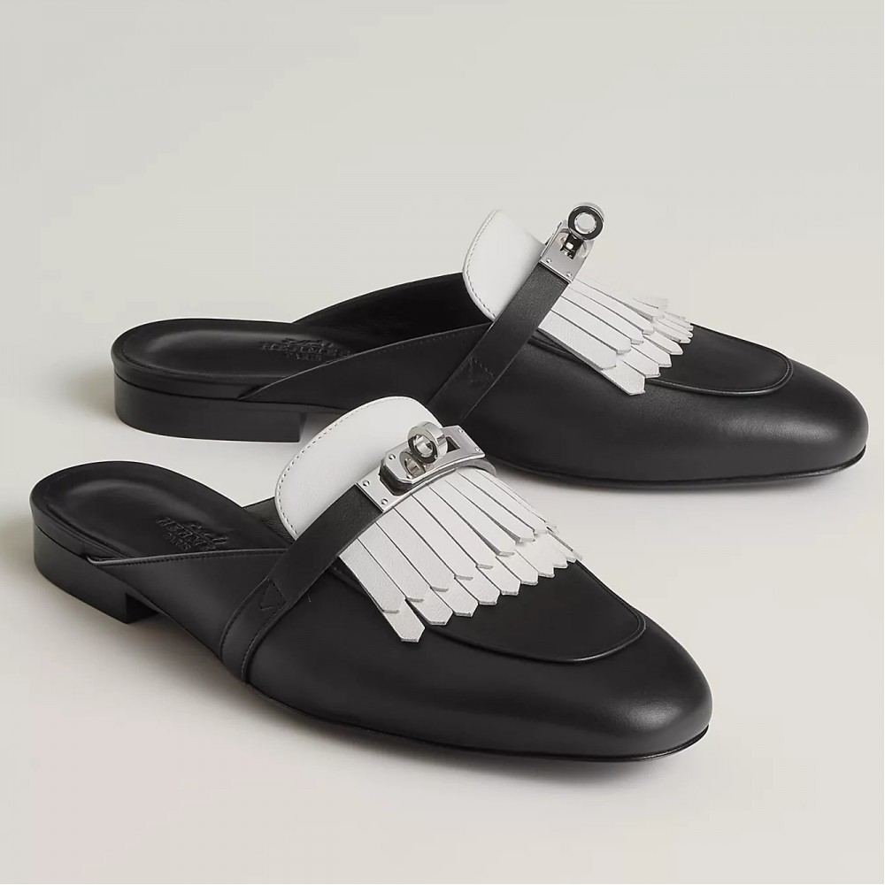 Hermes Oz Mules with Fringed in Black/White Leather TDSS13475