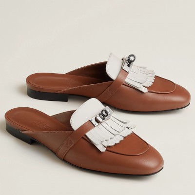 Hermes Oz Mules with Fringed in Brown/White Leather TDSS13476