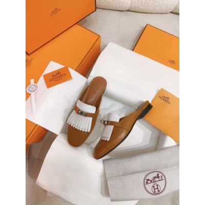 Hermes Oz Mules with Fringed in Brown/White Leather TDSS13476