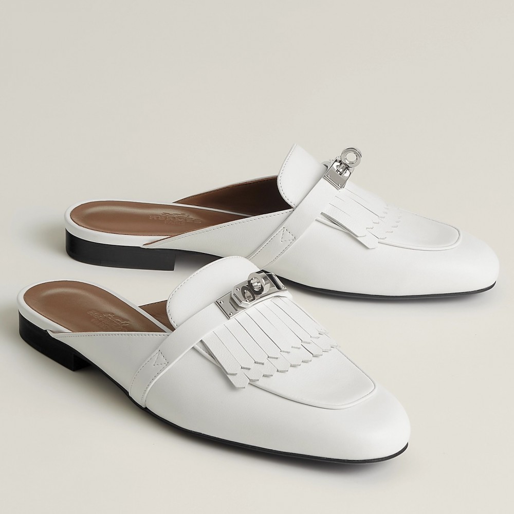 Hermes Oz Mules with Fringed in White Leather TDSS13477