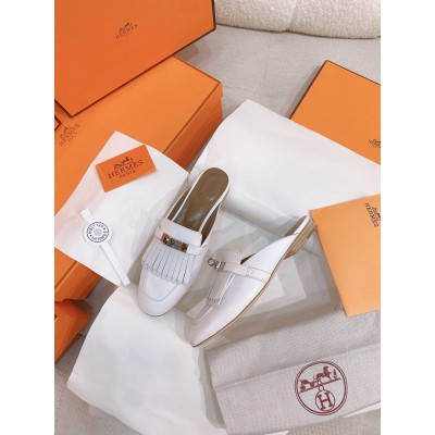 Hermes Oz Mules with Fringed in White Leather TDSS13477