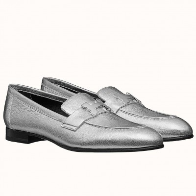 Hermes Paris Loafers In Silver Metallic Goatskin TDSS13482